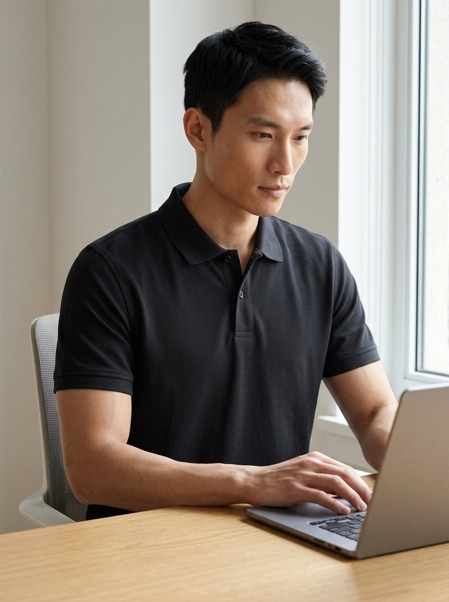 Polo đen ngồi làm việc với laptop bên cửa sổ