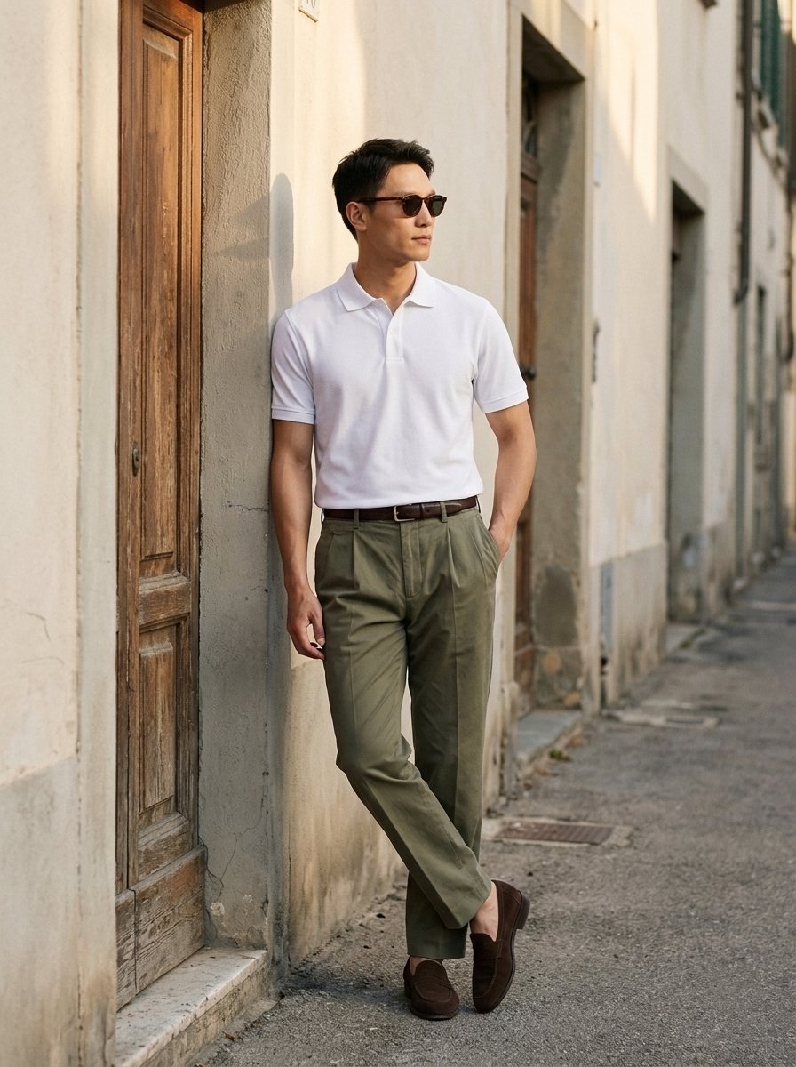 Polo trắng sơ vin quần ô liu, giày lười, tựa cửa gỗ